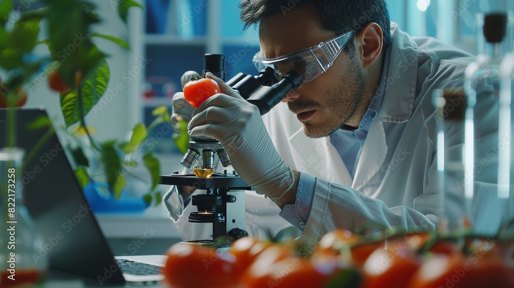 Poster analyzing a lab-grown tomato through a microscope while working on a laptop computer. microbiologist