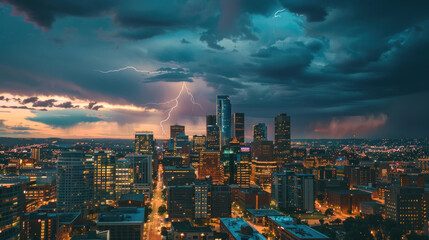 Fototapeta premium The cityscape illuminated by lights under a sky punctuated with lightning strikes, blending urban brilliance with nature's electrifying display.