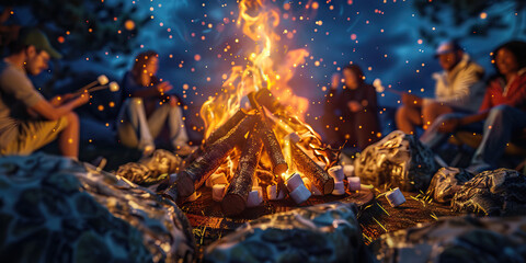 The Great Outdoors: A group of friends gather around a campfire, roasting marshmallows and enjoying the stars above