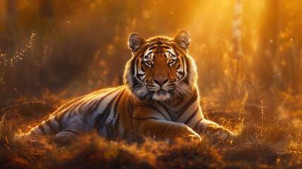 The stunning sight of an Amur tiger lying in a golden patch of sunlight, its mesmerizing coat glowing under the luminous rays, creating a breathtaking image.