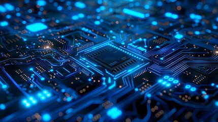 Obraz premium Blue circuit board background with glowing digital elements, in the style of AI technology concept. 