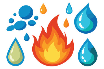 Fire and water set. Flames of different shapes. Different Water Drops. Vector cartoon illustration