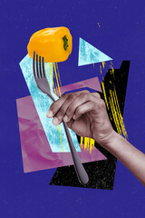 Vertical photo collage of human hand hold fork prick sweet yellow pepper vegetable detox diet nutrition isolated on painted background