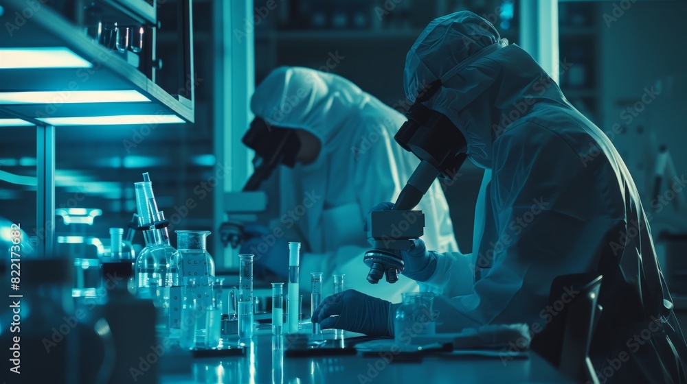 Poster scientists conducting experiments with microscopes, test tubes, micropipettes, and desktop computers