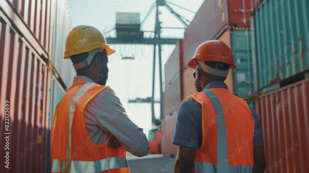 Aufkleber the two men stand with their backs to the camera in a container terminal wearing hard hats and safet