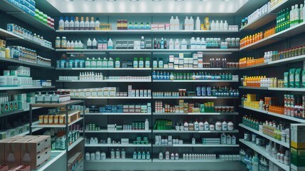 An example of a modern pharmacy drugstore with shelves full of modern medicine, pill drugs, vitamin and supplement boxes, health care products, and beauty products. An overhead view.
