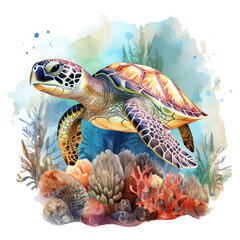 Fototapeta premium Watercolor Coral Reef Sea Turtle Fish, clipart Illustration, Generative Ai