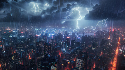 Fototapeta premium Urban landscape shining brightly amidst flashes of lightning overhead, showcasing the mesmerizing contrast between cityscape radiance and stormy skies.