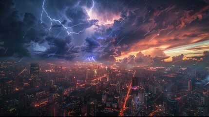 Obraz premium Urban landscape shining brightly amidst flashes of lightning overhead, showcasing the mesmerizing contrast between cityscape radiance and stormy skies.