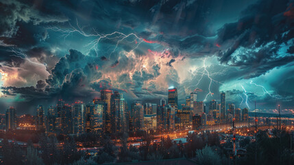 Fototapeta premium Urban landscape shining brightly amidst flashes of lightning overhead, showcasing the mesmerizing contrast between cityscape radiance and stormy skies.