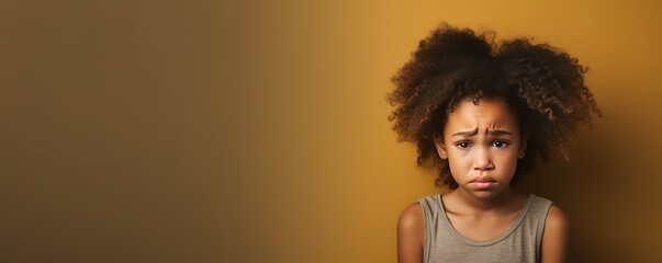 Beige background sad black American African child Portrait of young beautiful kid Isolated Background racism skin color depression anxiety fear burn out health issue problem mental 