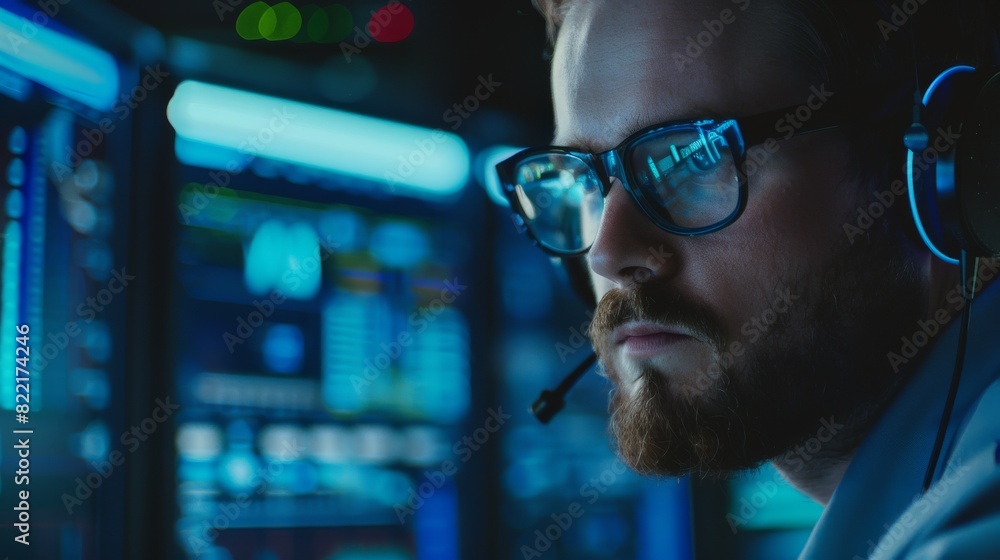 Poster professional it technical support specialist working on computer in control room with digital screen