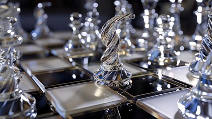 An artistic close-up view of a chess setup with glass pieces at the critical moment of checkmate. 