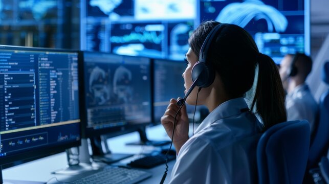 In a monitoring control room with digital screens, an IT technical support specialist and software developer works on a computer. The employee uses headphones with a microphone and conducts a