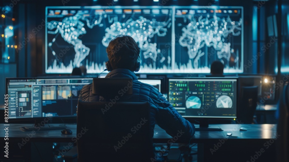 Poster a team of it specialists and software programmers is working in a monitoring control room with digit