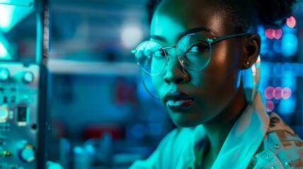 This modern electronic facility features a beautiful black female scientist, engineer doing printed circuit board soldering. They also design and develop silicon microchips, semiconductors, and