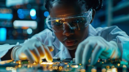 An Electronics Research and Development Facility: Black Female Engineer Soldering Computer Motherboards. Scientists Design Silicon Microchips, Semiconductors. Close-up.