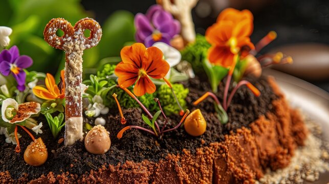 An artistic close-up of a glossy ceramic pot housing an elegant arrangement of spring flowers, with an emphasis on delicate cherry blossoms and early blooming crocuses.