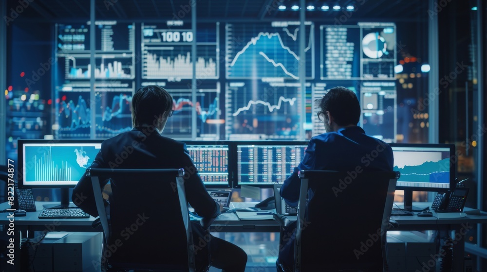 Poster there is a meeting of two traders in a modern monitoring office with a big digital screen with analy