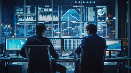 There is a meeting of two traders in a modern monitoring office with a big digital screen with analytics feed. There is a room with brokers and finance specialists sitting in front of computers.