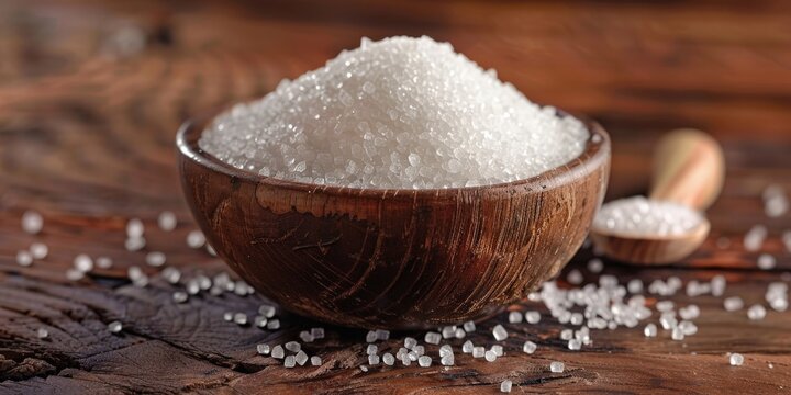 A wooden bowl filled with white sugar on the table, sugar in rustic wooden bowl on wooden table with scattered sugar  grains
