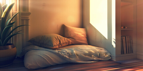 Cozy Reading Nook: A comfortable seating area is tucked away in a corner of the room, perfect for unwinding with a good book or taking a nap