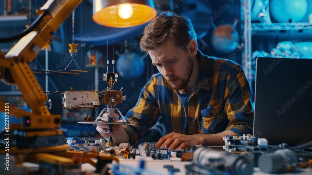 Poster space agency: diverse team of scientists using technological equipment and laptop computers to devel