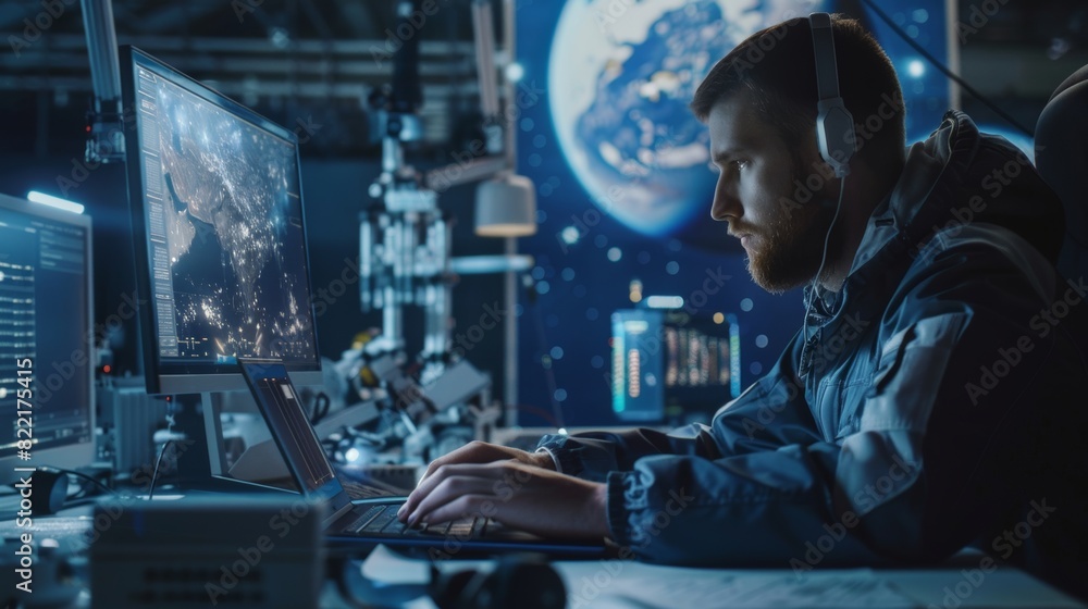 Poster scientist using a laptop computer to develop spacecraft for space exploration and data communication