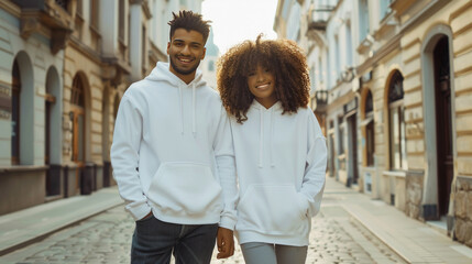 Young African American couple wearing blank basic plain white hoodies standing in European old town city street. Mock up template for sweatshirt design, print area for logo design.