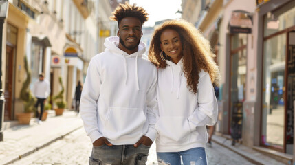 Fototapeta premium Young African American couple wearing blank basic plain white hoodies standing in European old town city street. Mock up template for sweatshirt design, print area for logo design.