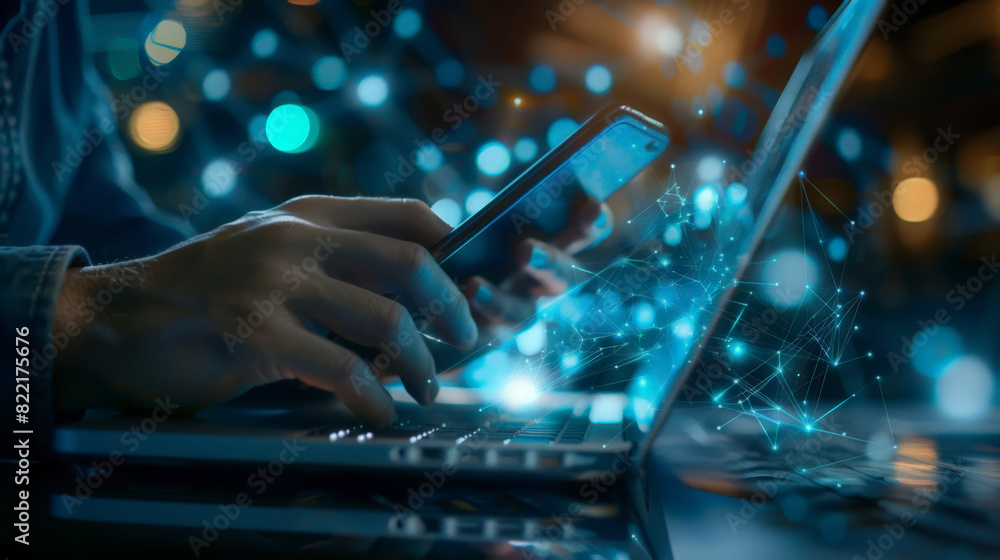 Poster digital technology, internet network connection, big data, digital marketing iot internet of things.
