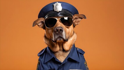 Cool canine cop - dog in police attire, wearing sunglasses, isolated on orange background