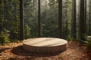 Fototapeta premium Empty round wooden podium in a serene forest setting, perfect for displaying products in a natural environment