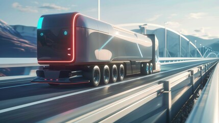 3D Zero-Emissions Electric Truck Driving Fast on Scenic Highway Bridge with Autonomous Self-Driving Truck with Cargo Trailer.