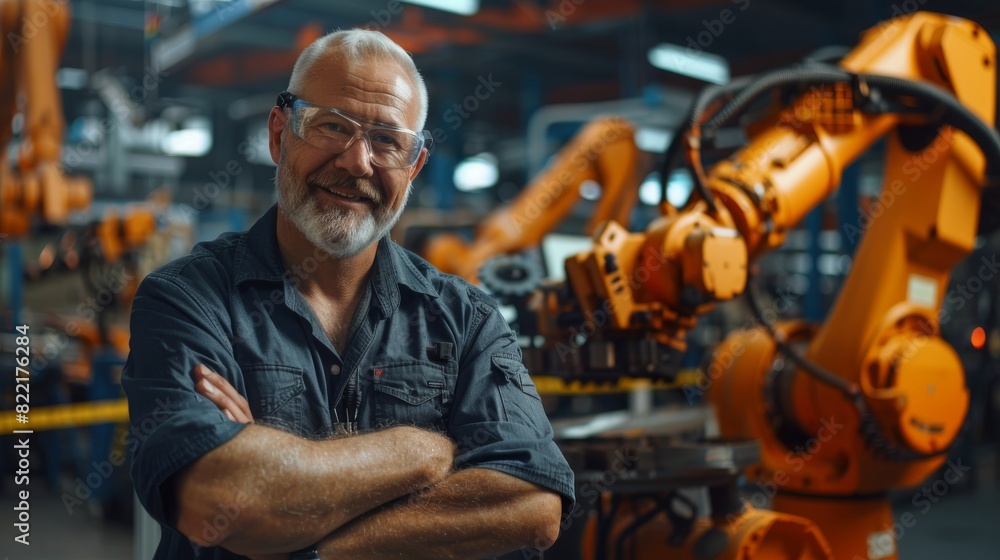 Poster the senior chief engineer in a car factory looks at the camera and smiles. a professional technician