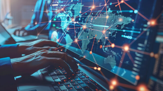 Global network and data exchange. Internet network technology, global business, digital technology background. Man using computer with data link