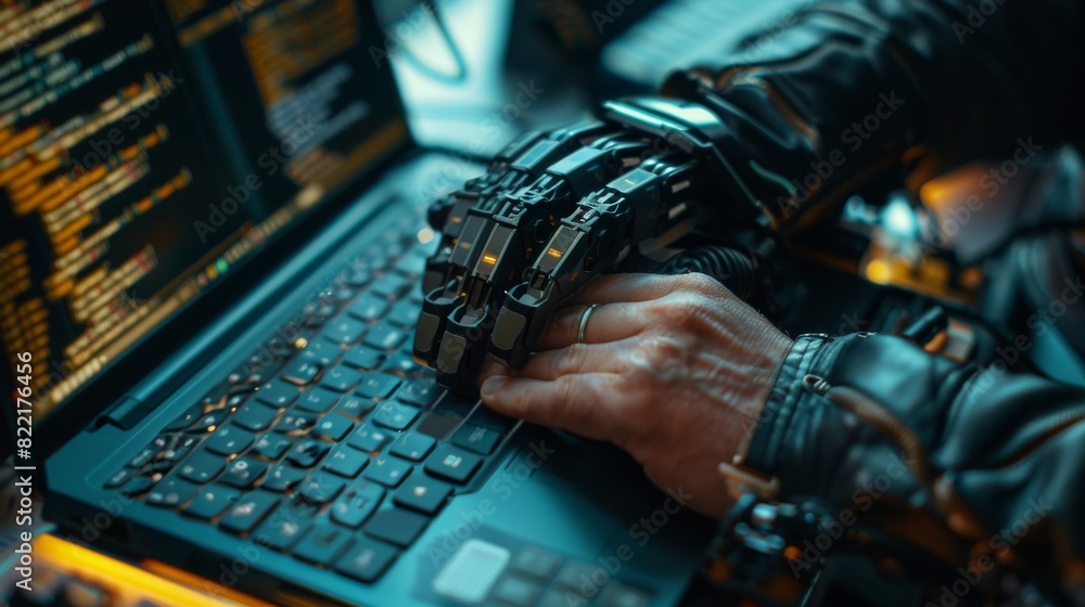 Poster using prosthetic arm and laptop computer. specialist uses myoelectric bionic hand quickly and natura