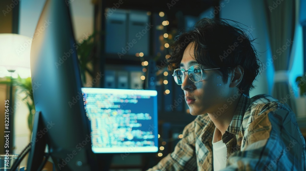 Poster an image with a visualisation of running script code is shown in the foreground. a young japanese ma