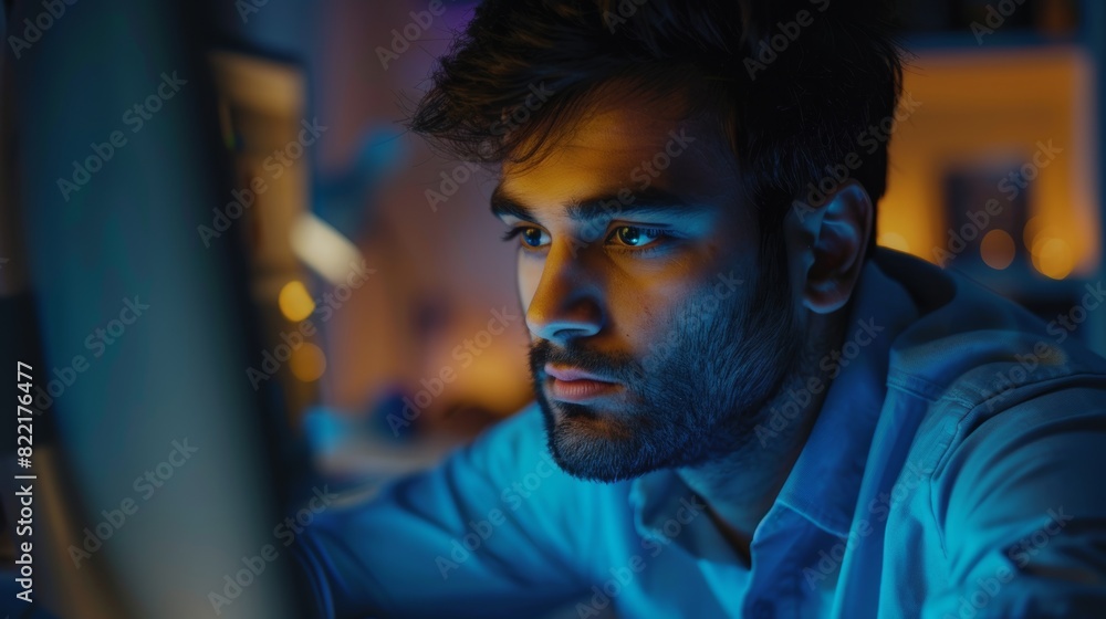 Poster an intelligent, happy man working on a desktop computer at night. digital entrepreneur typing, creat