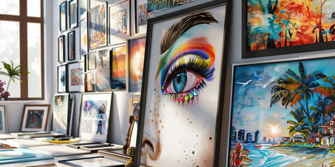 Trendy Painting Corner: The room also has a section dedicated to displaying artwork, with a gallery wall showcasing various paintings and prints in eclectic frames