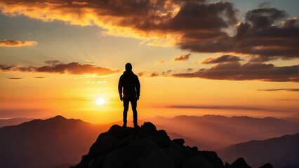 silhouette of a person on the top of a mountain seeing sunset