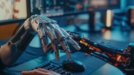 The Inclusive Office: The Professional with the Advanced Thought Controlled Body Powered Myoelectric Bionic Limb controlling the mouse in a hands-on environment.