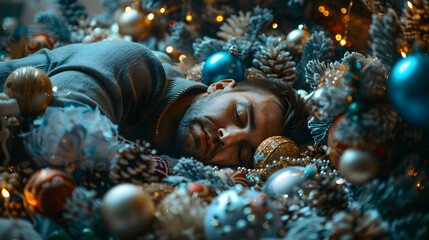 Event planner fast asleep on decorations, showcasing the dedication and hard work involved in organizing events   Photo realistic concept
