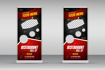 Delicious food menu roll-up banner design template for restaurant black and red color shape bundle, modern and special fast food menu design pull-up banner for business promotion set