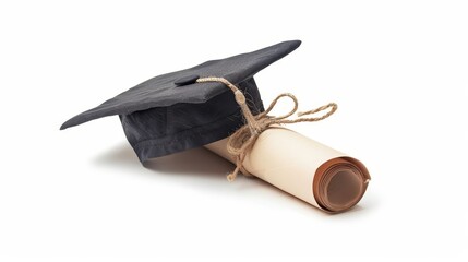 Diploma with graduation cap isolated on white
