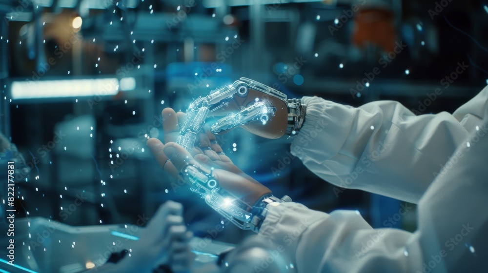 Poster in an industry 4.0 high-tech factory, a robotics engineering student is working on the design and ma