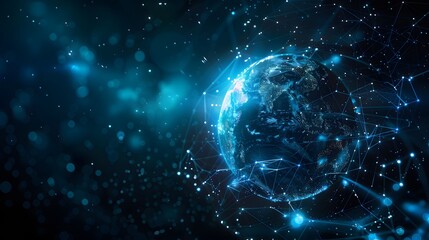 Obraz premium Digital planet Earth with glowing connections and data flow lines in space, depicting a global network concept as a background for technology or business theme design. 