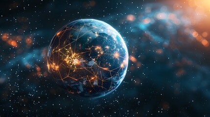 Fototapeta premium Digital planet Earth with glowing connections and data flow lines in space, depicting a global network concept as a background for technology or business theme design. 
