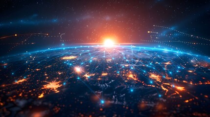 Digital planet Earth with glowing connections and data flow lines in space, depicting a global network concept as a background for technology or business theme design.
