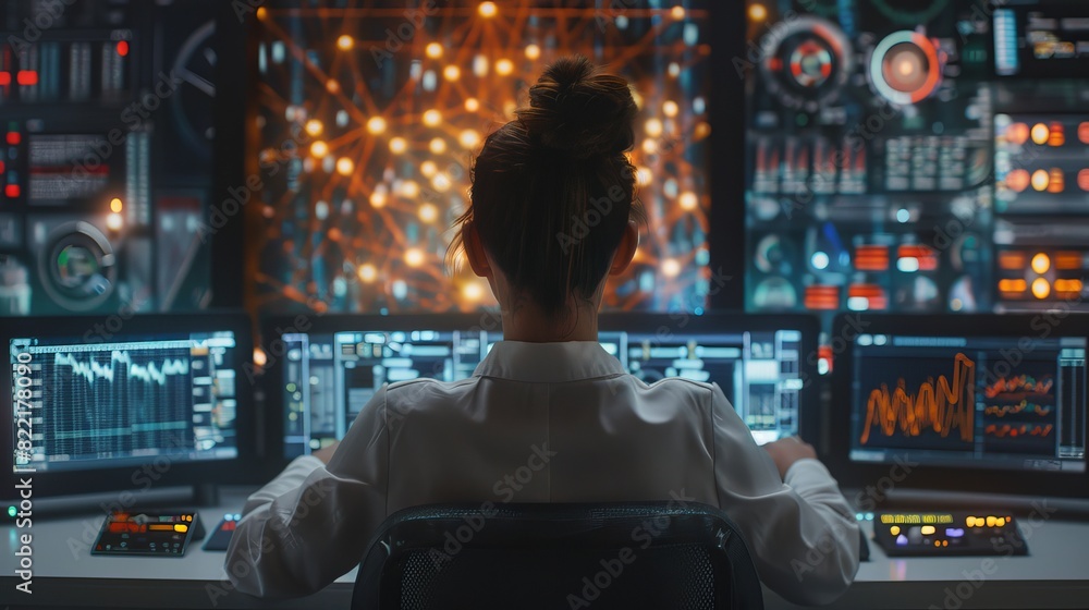 Poster it technician works on artificial intelligence, big data mining project at work station with multipl